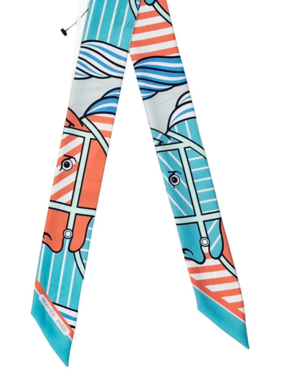 Hermes. Aqua Orange Quadrige Bayadere Twilly Scarf